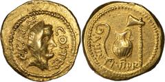 Ancient Gold Julius Caesar. Aureus; Julius Caesar; Died 44 BC. Rome, 46 BC, Aulus Hirtius, Aureus, 7.90g. Crawford-466/1, Sydenham-1017/18, Calicó-36. Obv: C CAESAR-COS TER Veiled female head (Vesta o