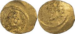 Ancient Gold Justin I. Tremissis; Justin I; 518-527 AD. Constantinople, Tremissis, 1.48g. Berk-40, MIB-5, Sear-58. Obv: [D] N IVSTI - NVS PP AV Pearl-diademed, draped, cuirassed bust r., seen from fro