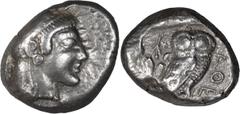 Greek Silver Attica, Athens. Tetradrachm; Attica, Athens; 475-470 BC, Tetradrachm, 17.06g. Starr-Group 1. Obv: Archaic head of helmeted Athena r. Rx: Owl standing r., head front, ATE to r., to l. cres