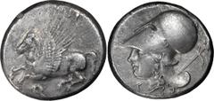Greek Silver Corinthia, Corinth. Stater; Corinthia, Corinth; 350-330 BC, Stater, 8.40g. Calciati-418/1. Obv: Pegasus flying l. with straight wings, koppa below. Rx: Helmeted head of Athena l., with G 