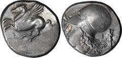 Greek Silver Corinthia, Corinth. Stater; Corinthia, Corinth; 350-330 BC, Stater, 8.46g. Calciati-460. Obv: Pegasus flying l. with straight wings, koppa below. Rx: Helmeted head of Athena l.; behind, I