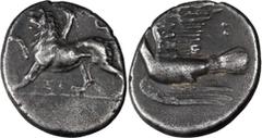 Greek Silver Peloponnesus, Sicyon. Triobol; Peloponnesus, Sicyon; c. 330/320-280 BC, Triobol, 2.66g. BCD-293.3, BM-123 var. Obv: Chimera stepping l., SI below. Rx: Dove flying l., two pellets behind..