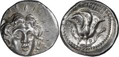 Greek Silver Caria, Rhodes. Didrachm; Caria, Rhodes; c. 250-200 BC, Didrachm, 6.82g. SNG Keckman-546. Obv: Head of Helios facing, 3/4 r. Rx: Rose; aphlaston in l. field; above, magistrate's name.. MS