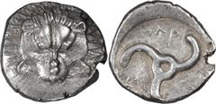 Greek Silver Lycia, Pericles. 1/3 stater; Lycia, Pericles; c. 410-390/80 BC, 1/3 Stater, 2.48g. SNG Aulock-4255. Obv: Facing lion's scalp. Rx: Triskeles within incuse circle; Lycian inscription around