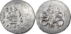 Greek Silver Mysia, Pergamum. Cistophorus; Mysia, Pergamum; Roman Rule, c. 133-67, Cistophorus, 12.69g. BM-106. Obv: Cista mystica with half-open lid, from which a serpent emerges to l., all within iv