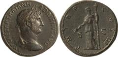 Roman Bronze Hadrian. Sestertius; Hadrian; 117-138 AD, Rome, c. 121-3 AD, Sestertius, 27.43g. Bust var. of RIC-663 (R3). Obv: IMP CAESAR TRAIAN H - ADRIANVS AVG Bust laureate, draped r. Rx: P M TR P -