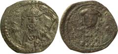Byzantine Copper Constantine X. Follis; Constantine X; 1059-1067 AD. Constantinople, Follis, 6.54g. Sear-1854, Berk-954. Obv: Bust of Christ facing, raising r. hand in benediction and holding Gospels,