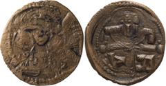 Byzantine Copper Romanus IV. Follis; Romanus IV; 1068-1071 AD. Constantinople, Follis, 8.34g. Sear-1866, DO-8. Obv: Bust of Christ facing, dotted cross behind head, holding book of Gospels with both h