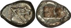 Gold Lydia. EL Trite; Lydia; c. 610-546 BC, EL Trite, 4.73g. Berk-1, Weidauer-87, SNG Kayhan-1013, SNG Aulock-2869. Obv: Head of roaring lion r., knob with multiple rays on forehead. Rx: Two incuse sq
