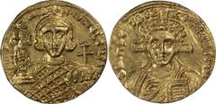 Gold Justinian II. Solidus; Justinian II; 2nd Reign, 705-711 AD. Constantinople, Solidus, 4.42g. Berk-200, MIB-1, Sear-1413. Obv: Facing bust of Christ, cross behind head, raising r. hand in benedicti