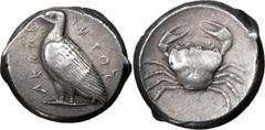 Greek Sicily, Akragas. Tetradrachm; Sicily, Akragas; c. 470-460 BC, Tetradrachm, 17.52g. Westermark-O15/R25 (new die comb.). Obv: Eagle with closed wings standing l., AKPAC upwards before, ANTOS downw