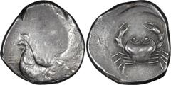 Greek Sicily, Himera, with Crab Reverse of Acragas. Didrachm; Sicily, Himera, with Crab Reverse of Acragas; c. 480-470 BC, Didrachm, 8.69g. Westermark-14 (O4/R12). Obv: Cock standing l., HIMERA in fai