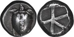 Greek Attica, Aegina. Stater; Attica, Aegina; 485-480 BC. Stater, 12.29g. Milbank-14. Obv: Smooth-shelled sea turtle with thick collar and large dot pattern on shell. Rx: Skew pattern divided by lines