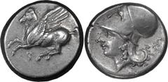 Greek Corinthia, Corinth. Stater; Corinthia, Corinth; 330-300 BC, Stater, 8.61g. Calciati-462. Obv: Pegasus, with pointed wing, flying l.; koppa beneath. Rx: Helmeted head of Athena l., wreath behind.