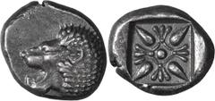 Greek Ionia, Miletos. Alexandria Diobol; Ionia, Miletos; 5th cent. BC, Diobol, 1.30g. SNG Cop-949, SNG Aulock-2080. Obv: Forepart of roaring lion l. Rx: Star-like floral ornament in incuse square.. EF
