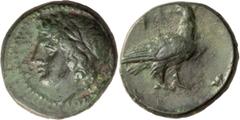 Greek Sicily, Akragas. AE 14; Sicily, Akragas; Under Phinitias, c. 287-282 BC, AE 14, 3.08g. SNG ANS-1031, Calciati-40, HGC-168. Obv: Beardless, laureate head of Zeus Hellanios l., AKPAGANTI before (w