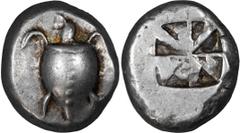 Ancient Greek Attica, Aegina. Stater; Attica, Aegina; c. 510-480 BC, Stater, 12.23g. Milbank-3, Asyut-433 (Group III). Obv: Smooth-shelled sea turtle with row of dots down center of shell. Rx: Union J
