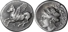 Ancient Greek Corinthia, Corinth. Drachm; Corinthia, Corinth; c. 350-338 BC, Drachm, 2.66g. BMC-293, pl. X, 10; Grose-6119, pl. 215, 15; Babelon, Traité, pl. CCXIII, 34. Obv: Pegasus with pointed wing