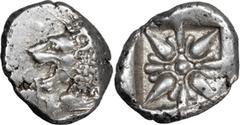 Ancient Greek Ionia, Miletos. Alexandria Diobol; Ionia, Miletos; 5th cent. BC, Diobol, 0.98g. SNG Cop-949, SNG Aulock-2080. Obv: Forepart of roaring lion l. Rx: Star-like floral ornament in incuse squ