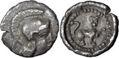 Ancient Greek Lycia, Uncertain Dynasty. ; Lycia, Uncertain Dynasty; 400-380 BC, Hemiobol, 0.30g. See NFA March 1976, lot 258. Obv: Helmeted head of Athena r. Rx: Lioness seated r. lifting foreleg. Cf.