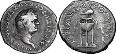 Roman Imperial Titus. Denarius; Titus; 79-81 AD, Rome, 80 AD, Denarius, 3.46g. BM-78, RSC-323a, RIC-128 (C2). Obv: IMP TITVS CAES VESPASIAN AVG P M Head laureate r. Rx: TR P IX IMP - XV COS VIII P P T