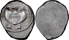 Ancient Greek Etruria, Populonia. Didrachm; Etruria, Populonia; 3rd cent. BC, Didrachm of 20 units, 7.74g. Vecchi EC Series 38 (O1). Obv: Facing head of Medusa, mouth open and tongue protruding, X X b