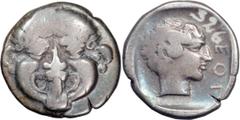 Ancient Greek Pangaean District, Neapolis. Achaean League Hemidrachm, ex BCD; Pangaean District, Neapolis; Late 5th-4th cent. BC, Hemidrachm, 1.79g. SNG ANS-436. Obv: Gorgoneion. Rx: Young female head
