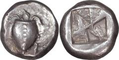 Ancient Greek Attica, Aegina. Stater; Attica, Aegina; c. 530-510 BC, Stater, 12.18g. Asyut-425 (Group II). Obv: Smooth-shelled sea turtle. Rx: Union Jack incuse square.This is one of the first early A