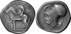 Ancient Greek Corinthia, Corinth. Stater; Corinthia, Corinth; c. 405-345 BC, Stater, 8.43g. Calciati-342. Obv: Pegasus walking l. with curled wings. Rx: Helmeted head of Athena l., dolphin above, S be