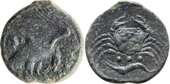 Ancient Greek Sicily, Akragas. AE Tetras; Sicily, Akragas; 510-406 BC, Tetras, 10.19g. Westermark-828 (dies O16/R26), SNG ANS-1037. Obv: Eagle, with wings raised and head lowered, standing r. on dead 