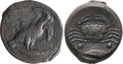 Ancient Greek Sicily, Akragas. AE 16 Hexas; Sicily, Akragas; c. 425-406 BC, Hexas, 8.20g. SNG ANS-1051. Obv: Eagle with spread wings standing r. on fish, AK - PA across field. Rx: Crab, two pellets an