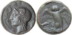 Ancient Greek Sicily, Camarina. AE Tetras; Sicily, Camarina; 420-405 BC, Tetras, 3.12g. Calciati-40. Obv: Head of Athena l., olive spray before. Rx: Owl standing facing, wings open.; lizard in r. claw