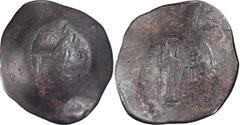 Byzantine Manuel I. Billion Aspron Trachy; Manuel I; 1143-1180 AD. BI Aspron Trachy, 5.33g. Sear-1964. Obv: MHTP (ligate) - TV across field, nimbate Virgin enthroned facing, holding bust of infant Chr
