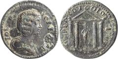 Roman Provincial Julia Domna. AE 28; Julia Domna; Pionia, Troas, AE 28, 10.46g. SNG Cop-463 var (no pellet in pediment), BM-. Obv: Draped bust r., uncertain countermark before. Rx: Tetrastyle temple, 