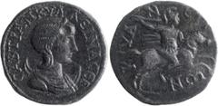 Roman Provincial Tranquillina. AE 29; Tranquillina; Cyane, Lycia, AE 29, 18.61g. Weber-7267 (same dies). Obv: Draped bust of empress r., wearing stephane, set on crescent. Rx: Warrior on horseback r.,