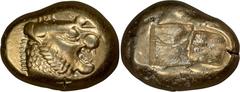 Ancient Greek Kingdom of Lydia. Tritemorion; Kingdom of Lydia; c. 650-620 BC, EL Trite, 4.71g. Weidauer-89, Rosen-655. Obv: Head of lion r. Rx: Incuse.One of the finest we\'ve had in many years . MS