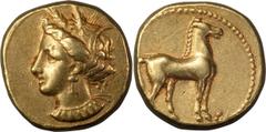 Ancient Greek Zeugitania, Carthage. Stater; Zeugitania, Carthage; c. 350-320 BC, Gold Stater, 9.16g. Cf. Jenkins-Group IIIf, pl. 2, 34. Obv: Head of Tanit l. wearing wheat-ear wreath, triple-drop earr
