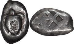 Ancient Greek Attica, Aegina. Stater; Attica, Aegina; c. 490-458 BC, Stater, 12.21g. Asyut-Group VIIb, p. 73, pl. XXI. Obv: Sea turtle with heavy collar. Rx: Square "small skew" incuse with five segme