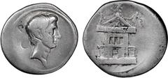 Roman Imperial Augustus. Denarius; Augustus; 27 BC-14 AD, Before 27 BC, Denarius, 3.55g. BM-631, Paris-52, RIC-266, C-122. Obv: Bare head of Octavian r., no legend. Rx: Curia Julia (Senate House) with