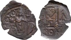 Byzantine Tiberius III. Follis; Tiberius III; 698-705 AD. Constantinople, Year 4=701/2 AD, Follis, 3.01g. Berk-796, MIB-74, Sear-1367. Obv: Tiberius standing facing wearing crown and military costume,