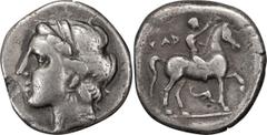 Ancient Greek Calabria, Tarentum. Didrachm; Calabria, Tarentum; c. 281-228 BC, Didrachm, 6.22g. Vlasto-1043, cf. Sear-366. Obv: Diademed head of nymph l. wearing earring and necklace. Rx: Naked boy se
