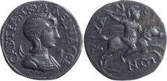 Roman Provincial Tranquillina. AE 29; Tranquillina; Cyane, Lycia, AE 29, 18.61g. Weber-7267 (same dies). Obv: Draped bust of empress r., wearing stephane, set on crescent. Rx: Warrior on horseback r.,
