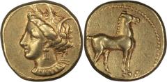 Ancient Greek Zeugitania, Carthage. Stater; Zeugitania, Carthage; c. 350-320 BC, Gold Stater, 9.16g. Cf. Jenkins-Group IIIf, pl. 2, 34. Obv: Head of Tanit l. wearing wheat-ear wreath, triple-drop earr
