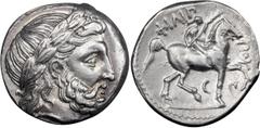 Ancient Greek Macedonia, Philip II. 359-336 BC. Tetradrachm; Macedonia, Philip II. 359-336 BC; Amphipolis, c. 323/2-316/5 BC, Tetradrachm, 14.29g. Le Rider-pl. 46, 4. Obv: Head of Zeus r. Rx: Horseman