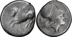 Ancient Greek Corinthia, Corinth. Stater; Corinthia, Corinth; Corinthia, Corinth, c. 350-330 BC, Stater, 8.20g. Cf. Calciati-172 (no globe on tripod and without OY below). Obv: Pegasus with straight w