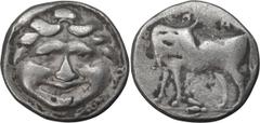 Ancient Greek Mysia, Parium. Achaean League Hemidrachm, ex BCD; Mysia, Parium; 4th cent. BC, Hemidrachm, 1.87g. SNG Paris-1356. Obv: Gorgoneion. Rx: Bull standing l., looking back.. Fine / VF