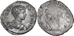 Roman Imperial Geta as Caesar. Denarius; Geta as Caesar; 198-209 AD, Rome, 201-2 AD, Denarius, 3.26g. RIC-18, C-157 var. (RSC 157b), BM-234. Obv: P SE[PT] GETA - CAES PONT Bare-headed, draped bust r. 