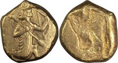 Ancient Greek Lydia, Sardes. 1st Gold Daric; Lydia, Sardes; Achaemenid, Darius I-Xerxes II, c. 485-420 BC, Daric, 8.33g. Sunrise-24, Carradice-Type IIIb. Obv: The Great King running r., holding spear 