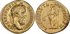 Roman Imperial Pertinax. Aureus; Pertinax; 193 AD, Rome, Aureus, 7.22g. BM-7, RIC-4a (R2), C-19 (300 Fr.), Calicó-2383b (same obv. die). Obv: IMP CAES P HELV - PERTIN AVG Head laureate r. Rx: LAETITIA