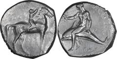 Ancient Greek Calabria, Tarentum. Didrachm; Calabria, Tarentum; c. 302-280 BC, Didrachm, 7.80g. Vlasto-666. Obv: Nude youth riding on horse walking r., raising his r. hand to crown the horse\'s head; 